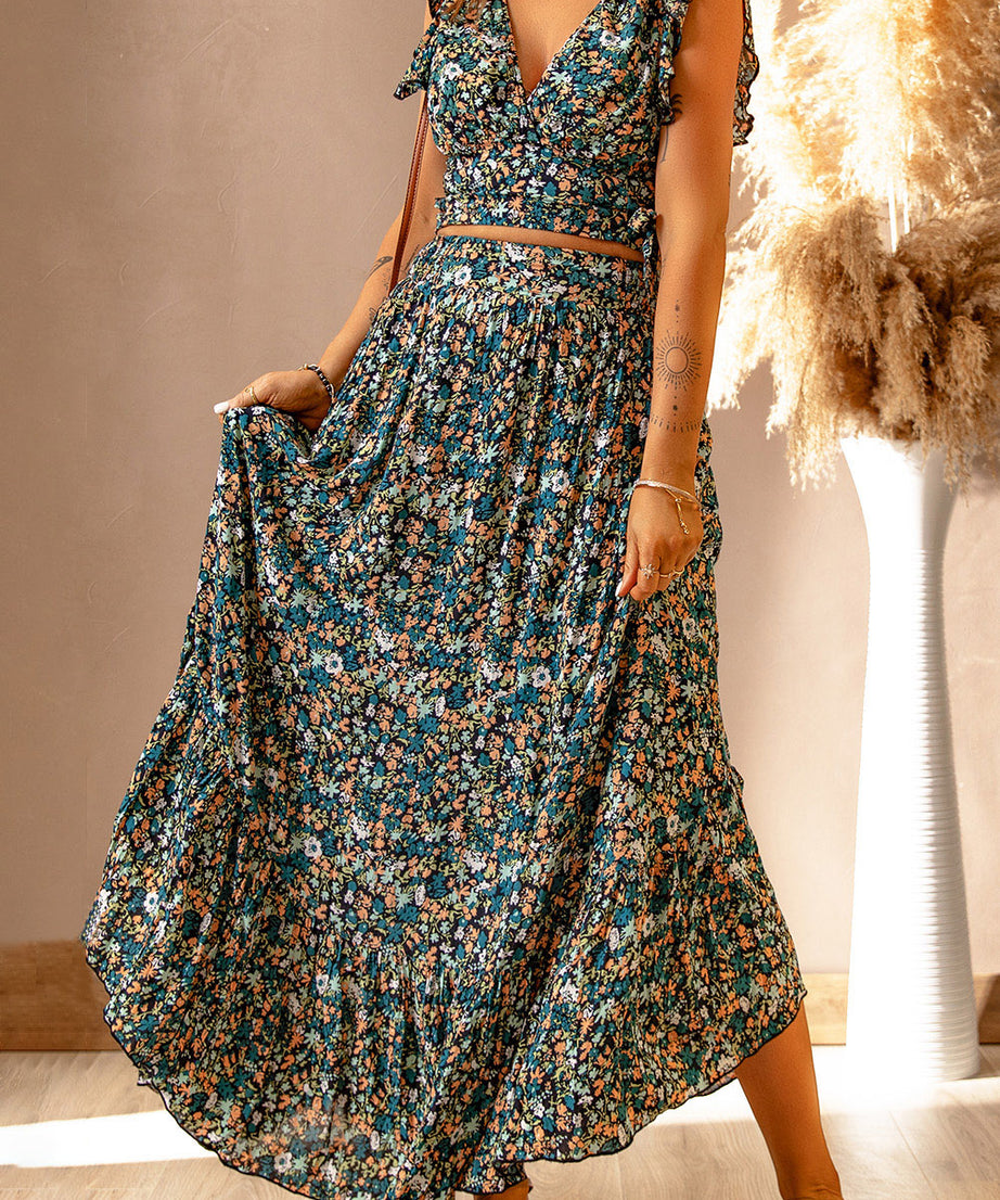 Ditsy Floral Print Ruffled Crop Top & Flounce Hem Maxi Skirt Set