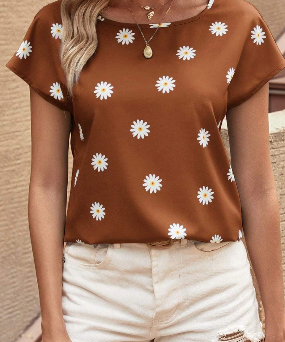 Chestnut Summer Daisy Print Batwing Sleeve Blouse