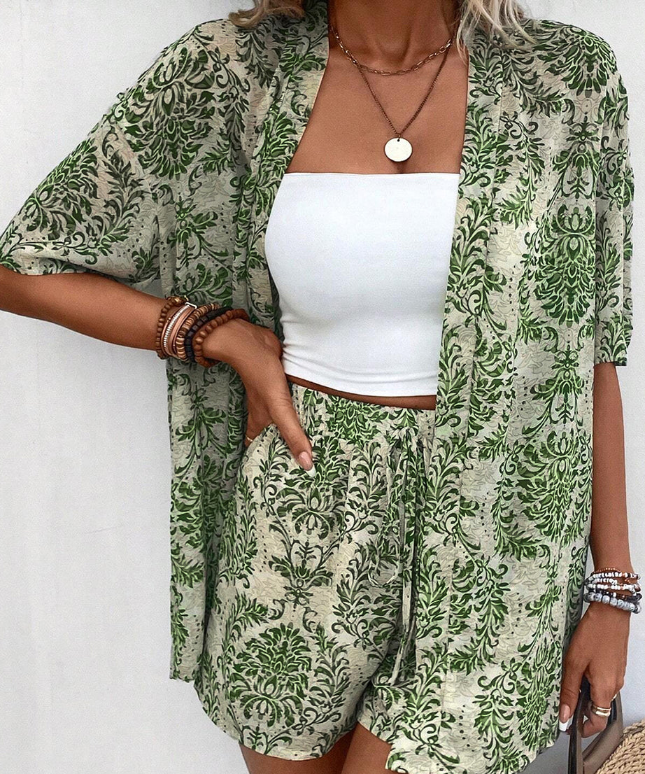 Green Floral Open Front Shirt and Drawstring Shorts Set