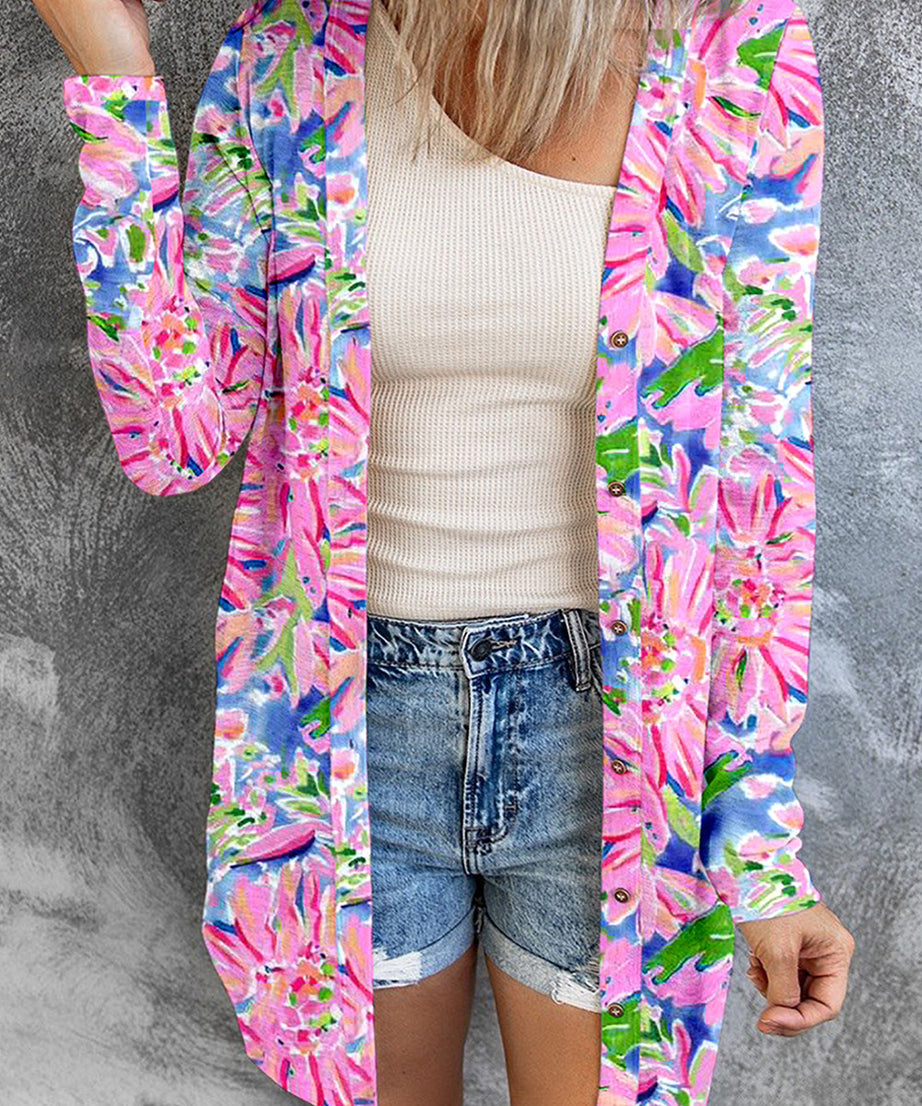 Pink Flower Print Long Sleeve Button Up Cardigan