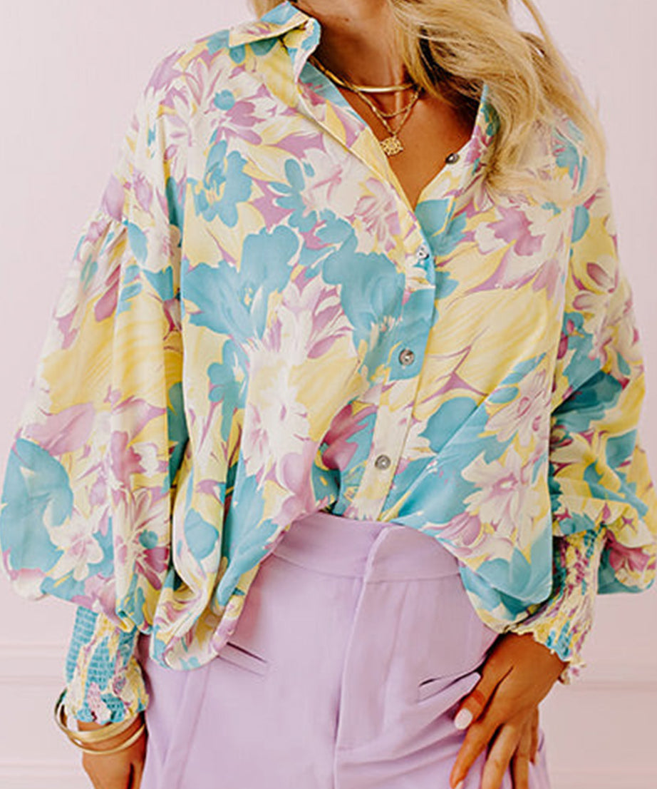 Yellow Floral Allover Print Shirred Cuff Oversized Shirt