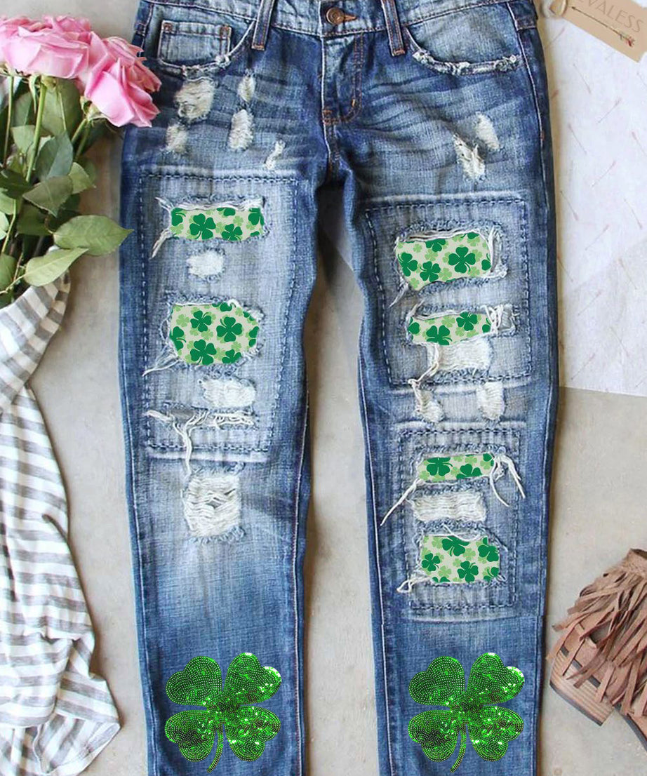 Sky Blue St Patricks Clover Graphic Patchwork Sequin Distressed Jeans