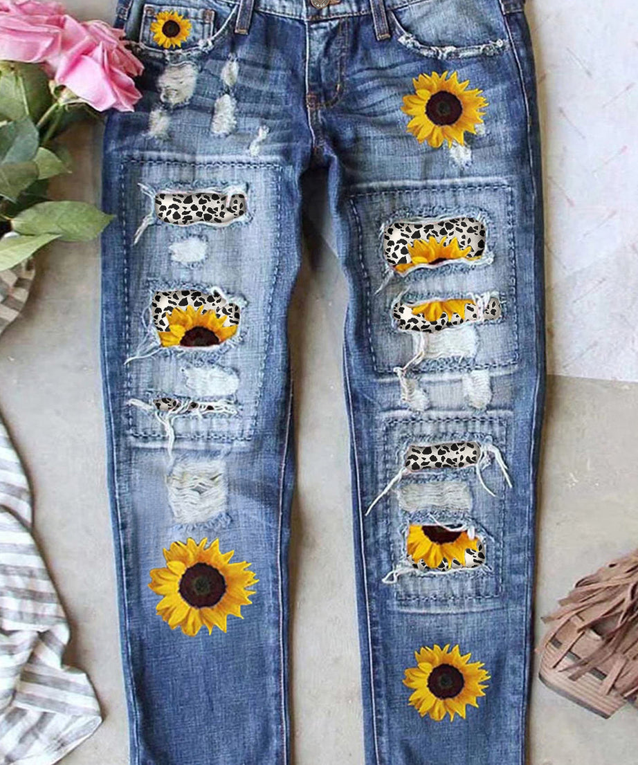 Blue Sunflower Print Ripped Mid Rise Straight Leg Graphic Jeans