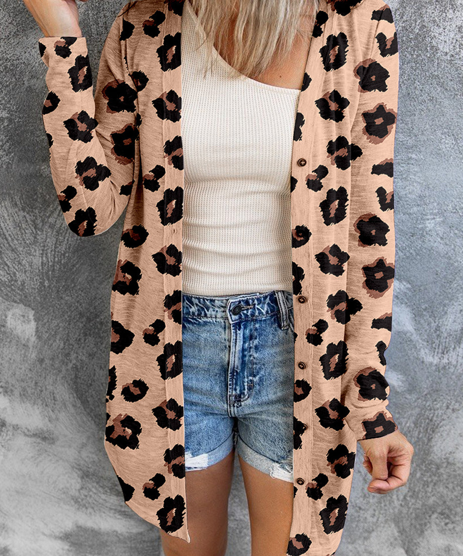 Leopard Print Button Down Lightweight Long Cardigan