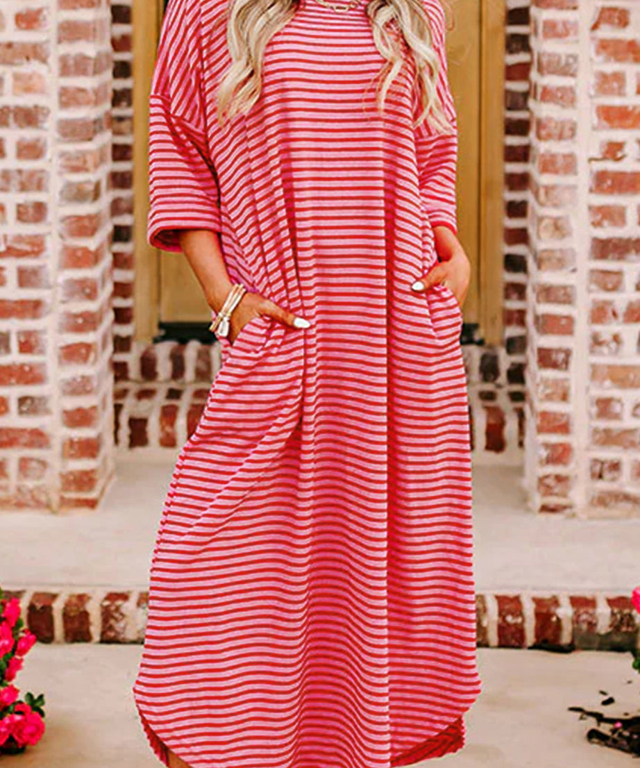 Strawberry Pink Striped Drop Sleeve Loose Dress