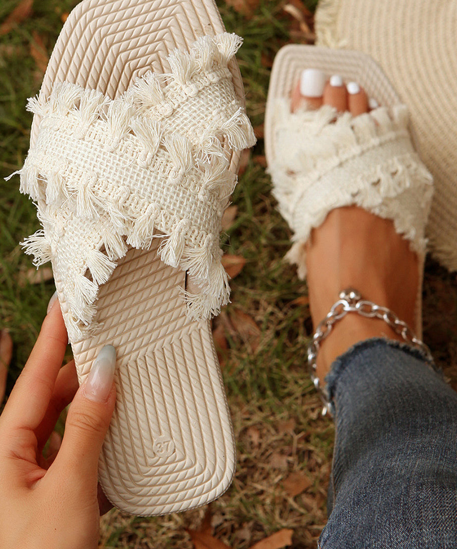 Beige Tassel Woven Crossed Straps Flat Slides Shoes