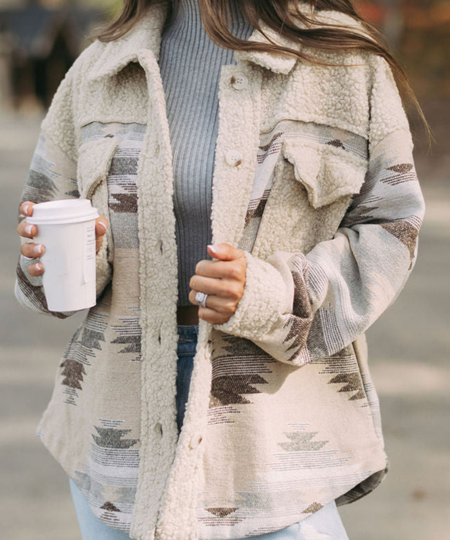 Pink Aztec Print Sherpa Splicing Buttoned Flap Pocket Coat