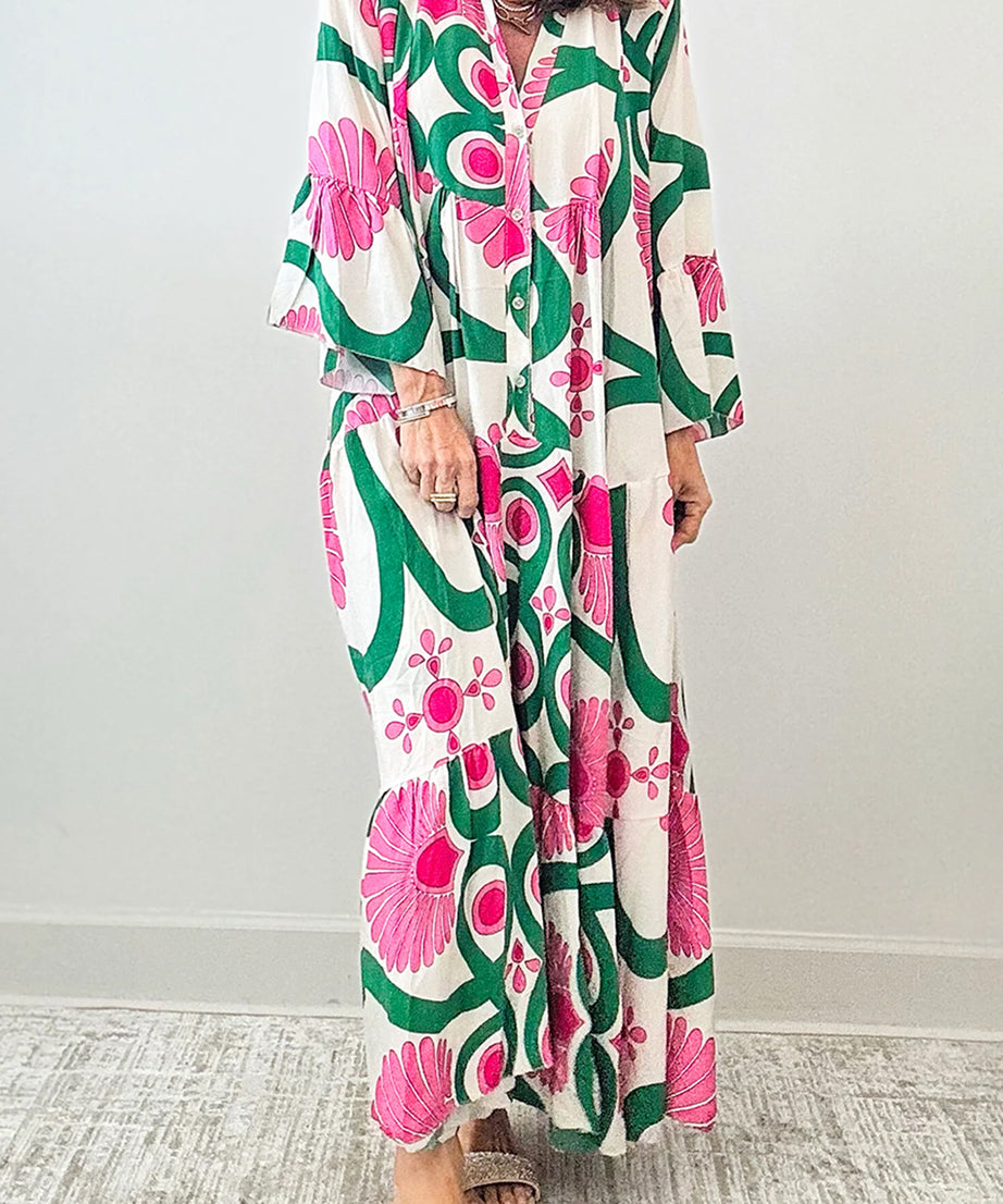 Pink Boho Abstract Button V Neck Oversized Maxi Dress