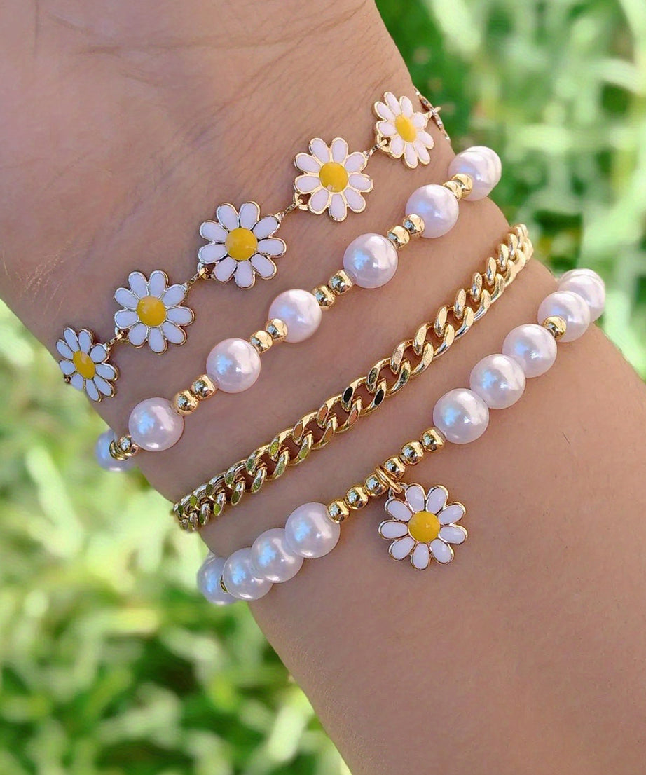 White 4pcs Daisy Pearl Beaded Chain Bracelet Set