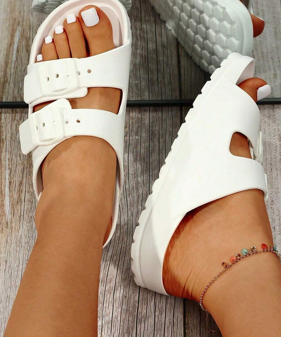 White Solid Color Buckle Straps Beach Slides Shoes