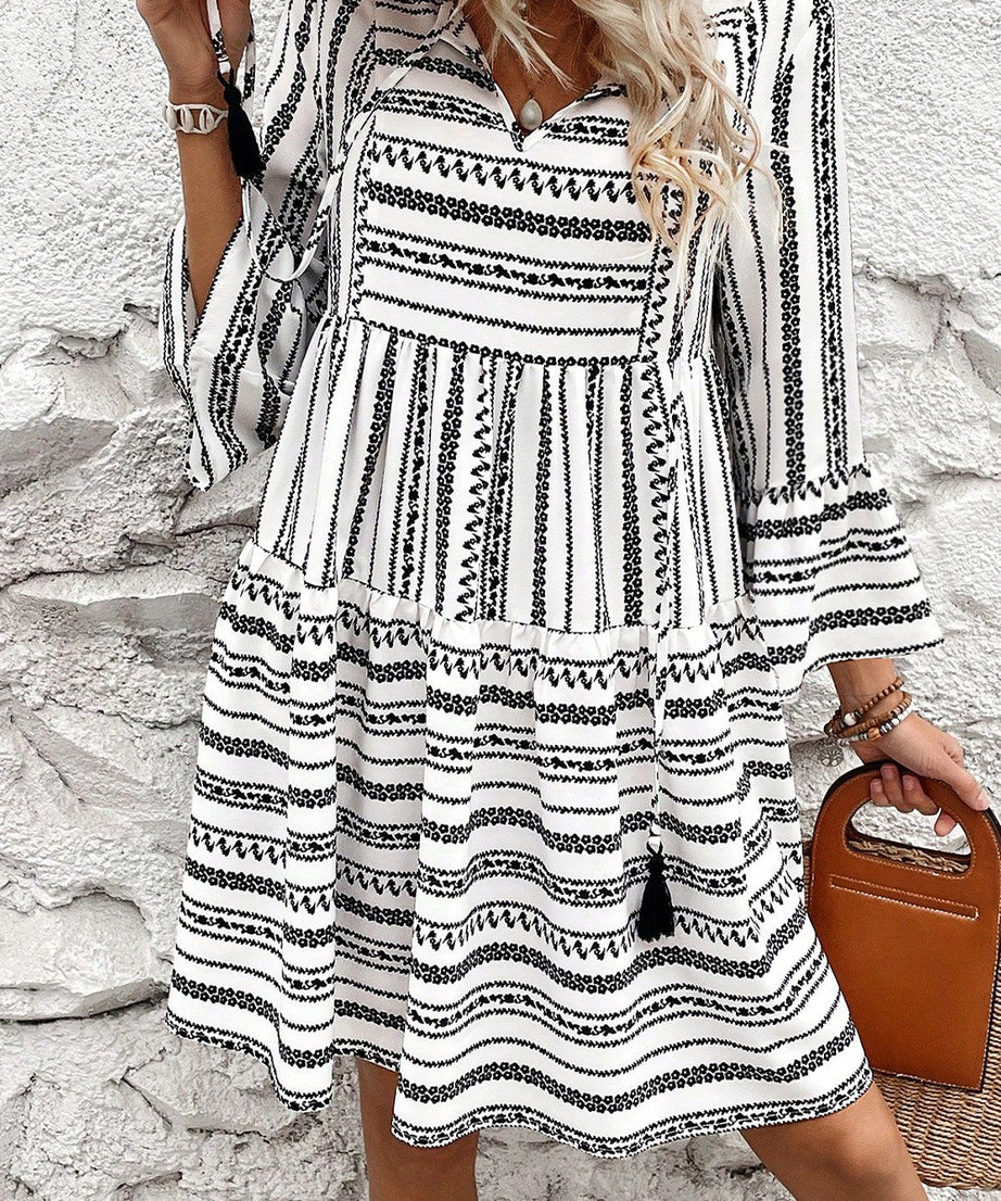 Black Striped Fringe Tie Neck Bell Sleeve V Neck Mini Dress