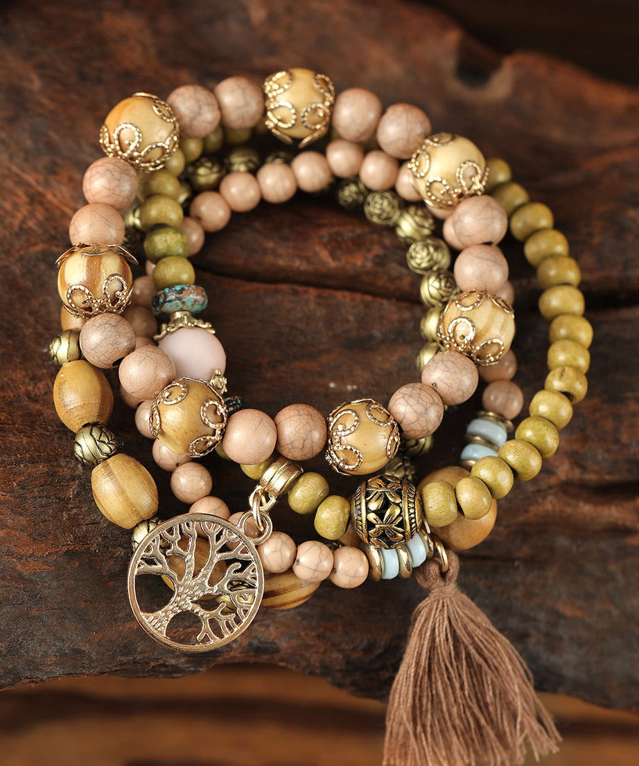 Brown Tree Of Life Charm Tassel Layers Wood Beads Bracelet