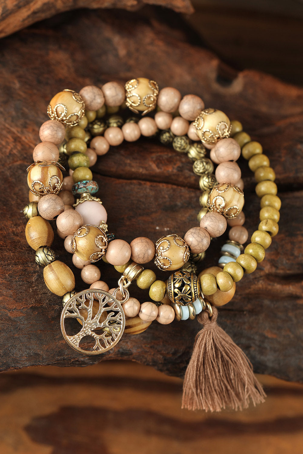 Brown Tree Of Life Charm Tassel Layers Wood Beads Bracelet