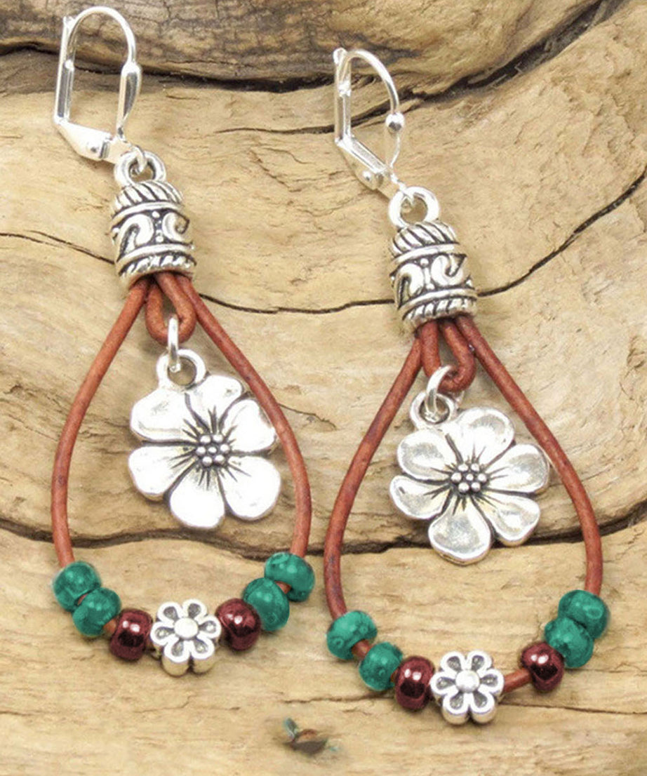 Silvery Leather Beaded Floral Dangle Earrings