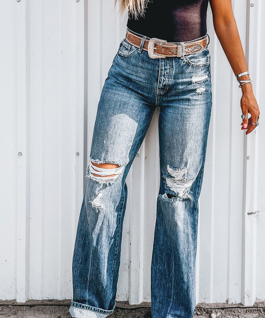 Dusk Blue Mineral Washed High Rise Ripped Jeans