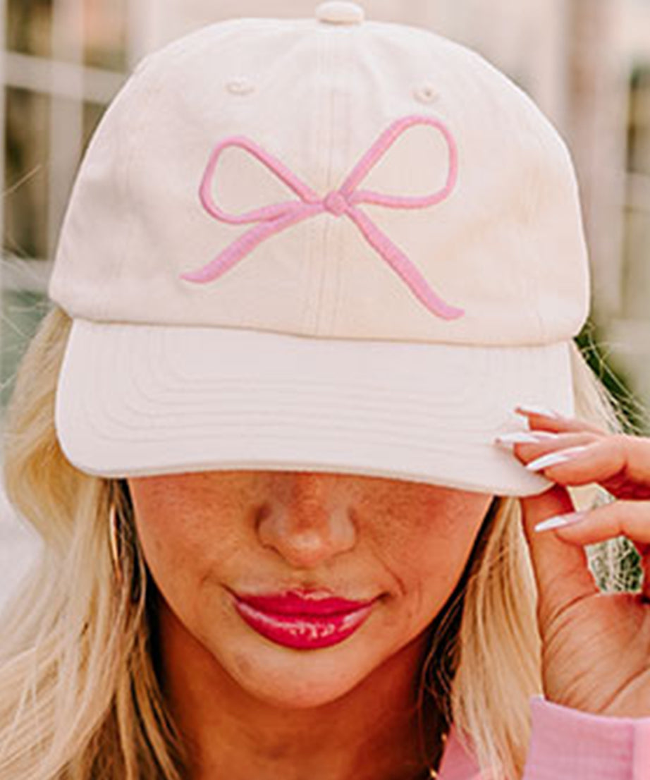 White Girlish Bow Embroidered Baseball Cap