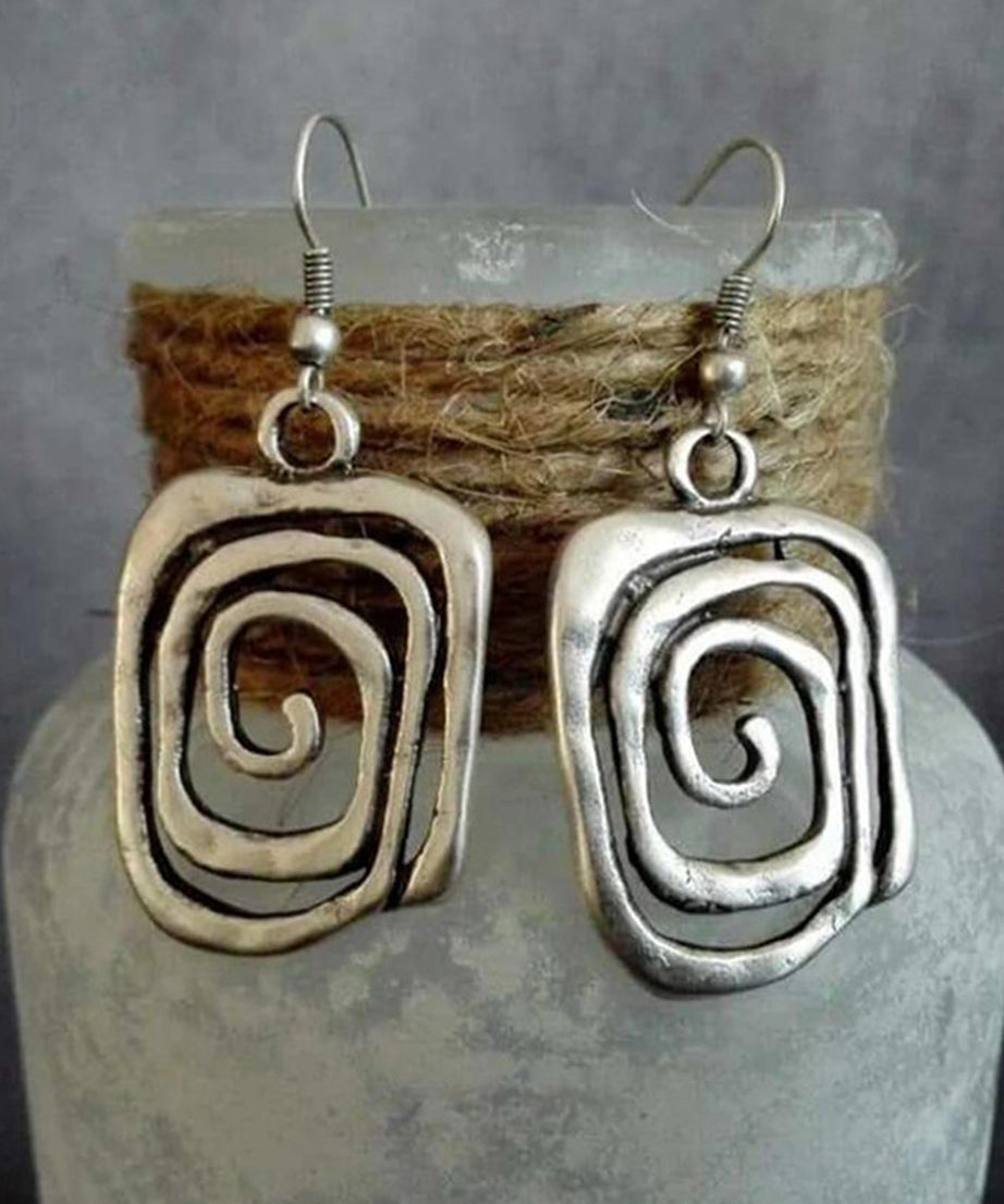 Silvery Vintage Square Swirl Hook Earrings