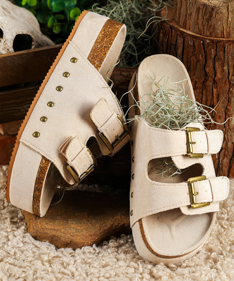 Beige Suede Buckle Decor Corky Platform Slides Shoes