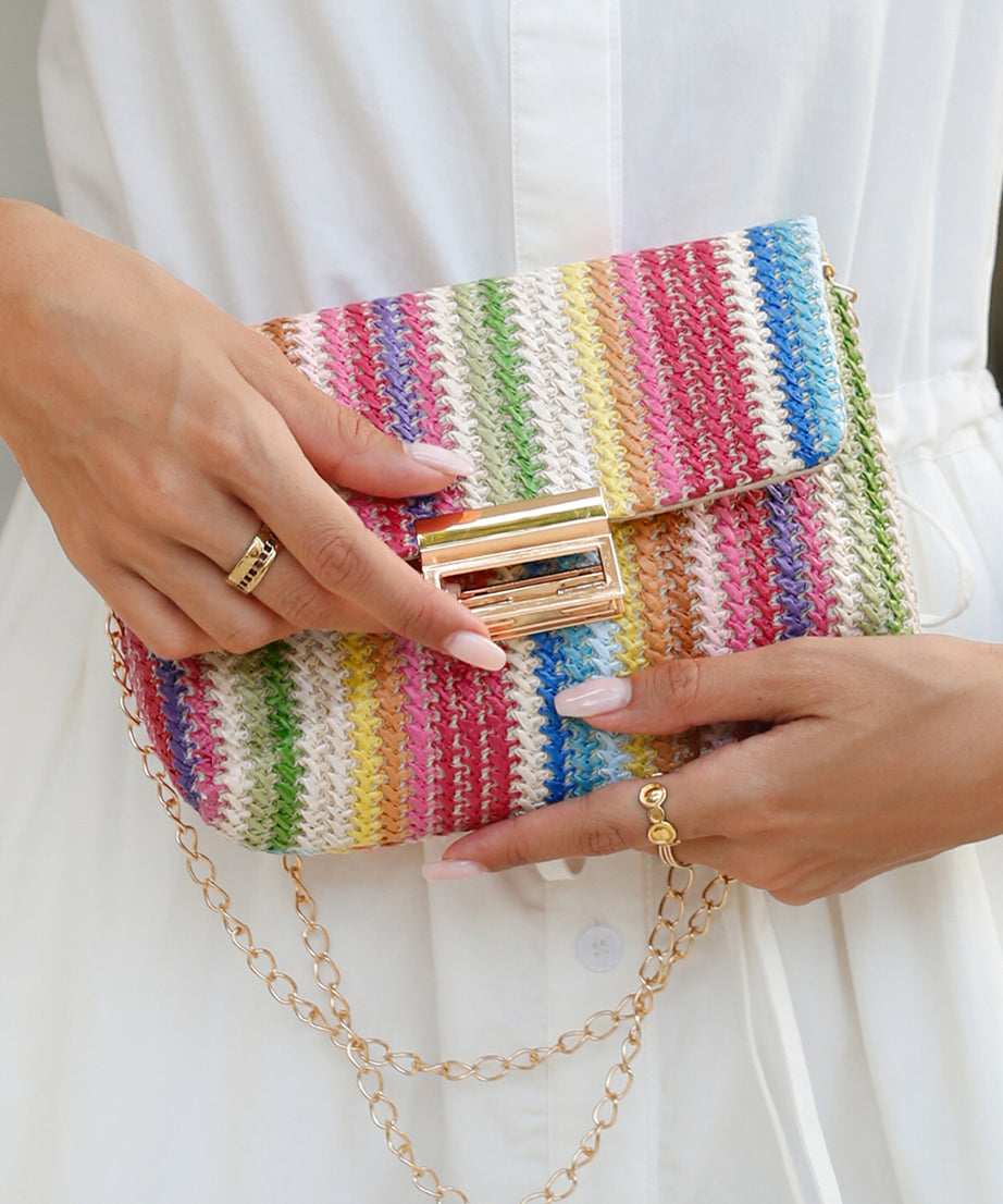 Multicolour Striped Crochet Flapped Single Shoulder Bag