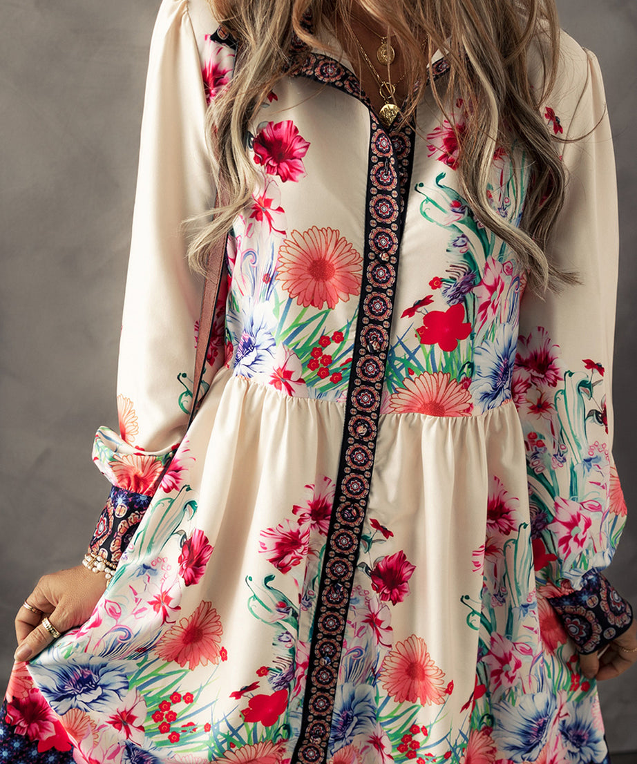 Apricot Floral Print Buttoned High Waist Mini Dress