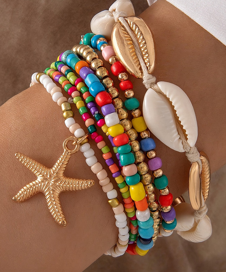 Multicolour 7pcs Starfish Seashell Beaded Bracelet Set