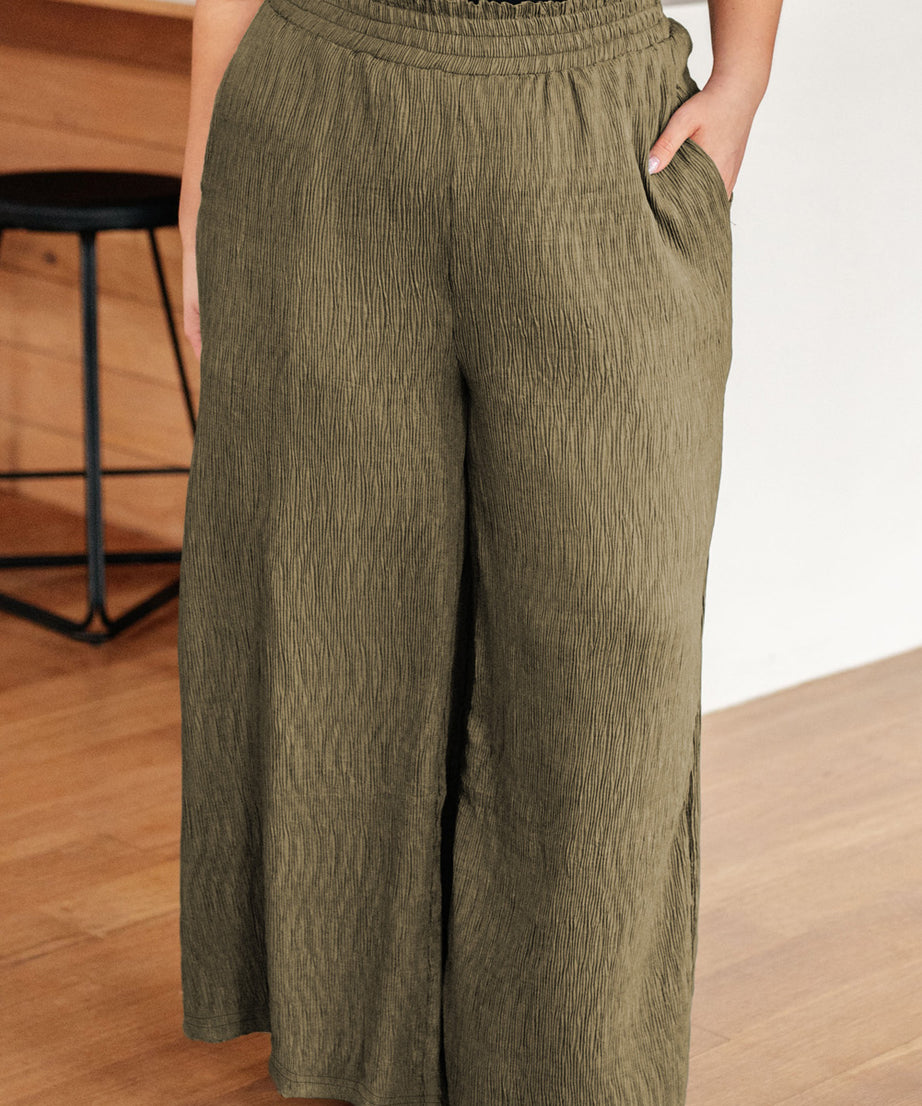 Jungle Green Plus Size Textured Shirred High Waist Pants