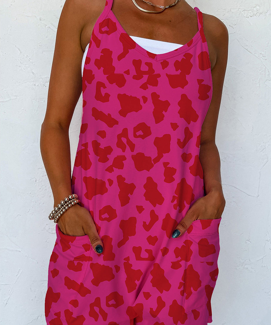 Rose Red Leopard Pocketed V Neck Sleeveless Romper