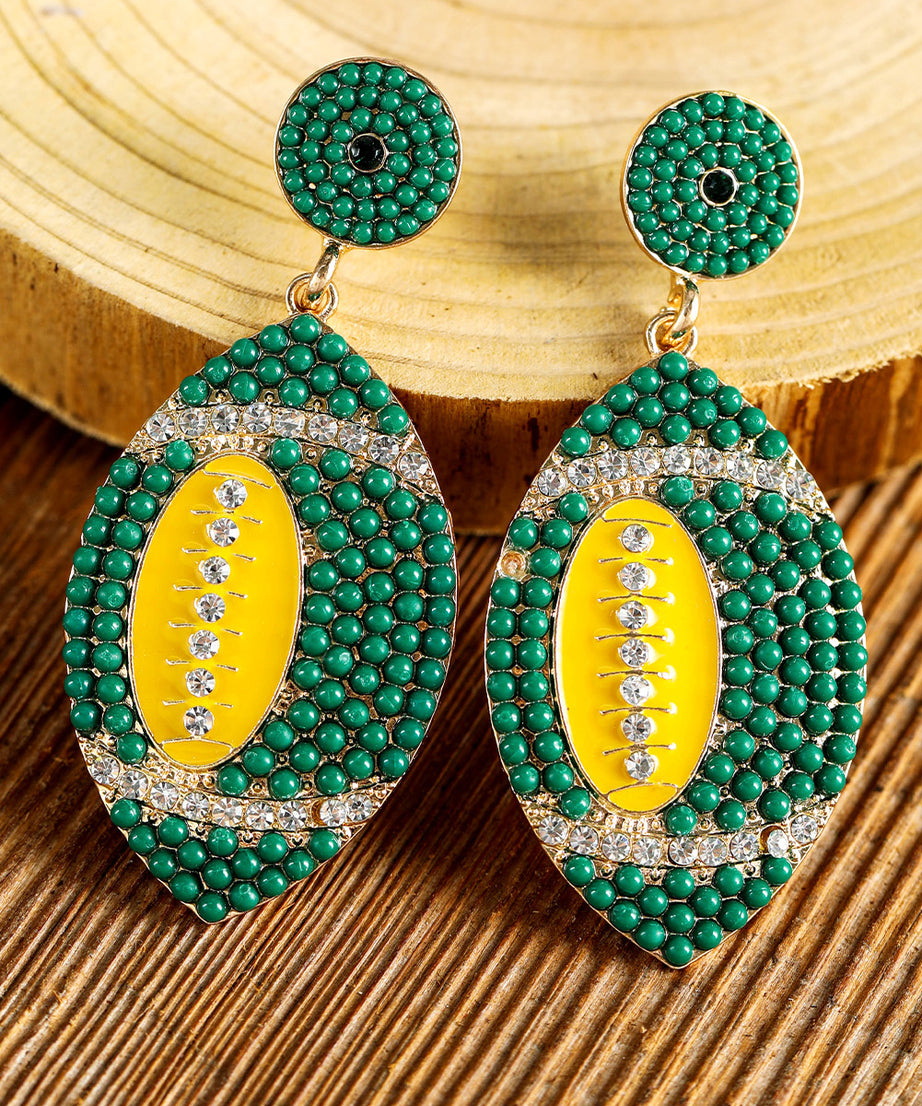 Dark Green Beaded Rhinestone Rugby Drop Earrings