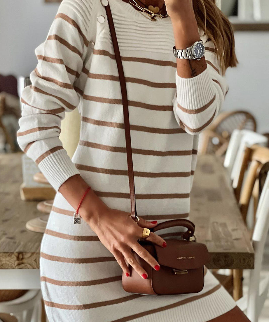 Stripe Button Ribbed Detail Short Sweater Dress