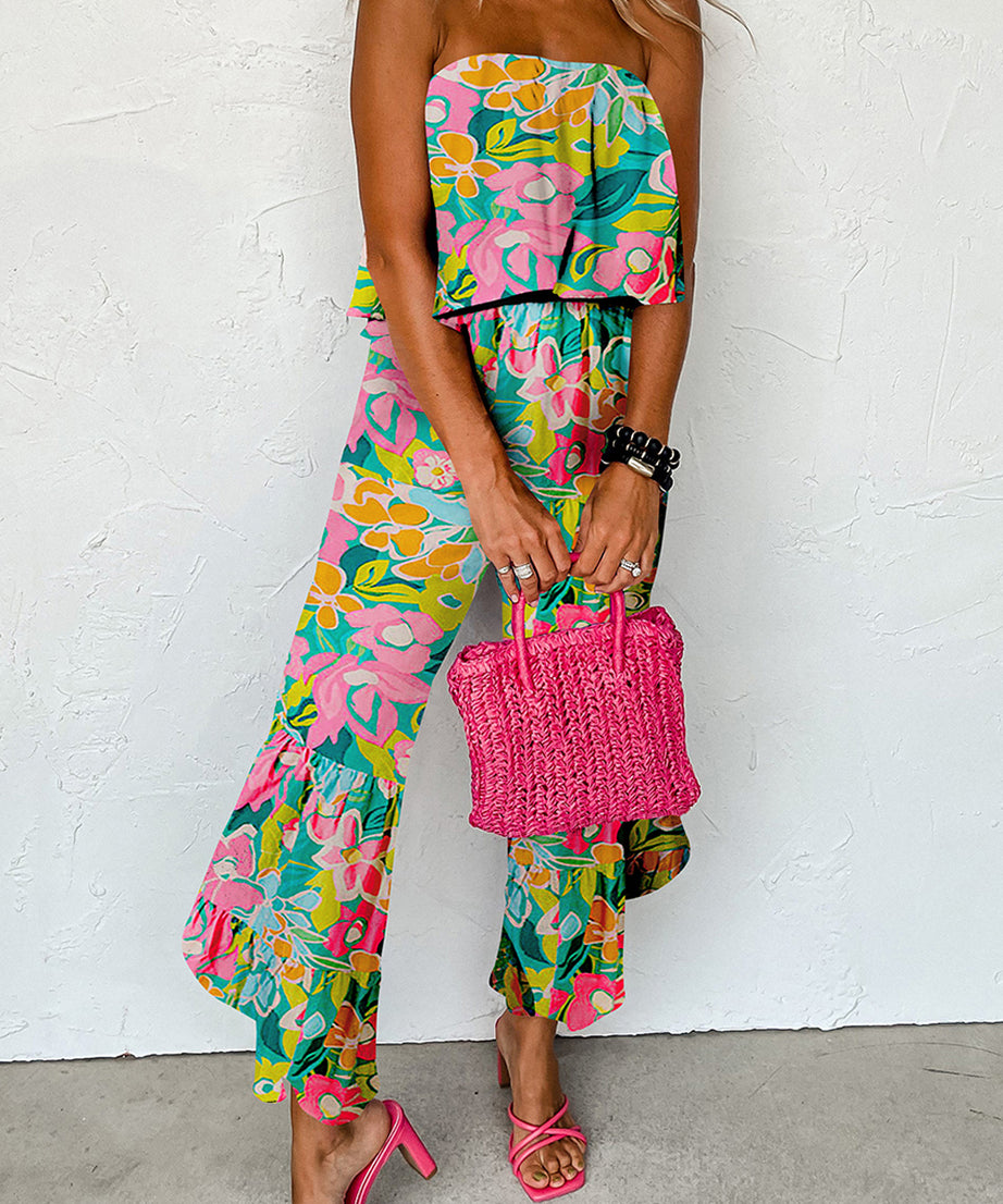 Green Mix Tropical Print Strapless Ruffle Jumpsuit