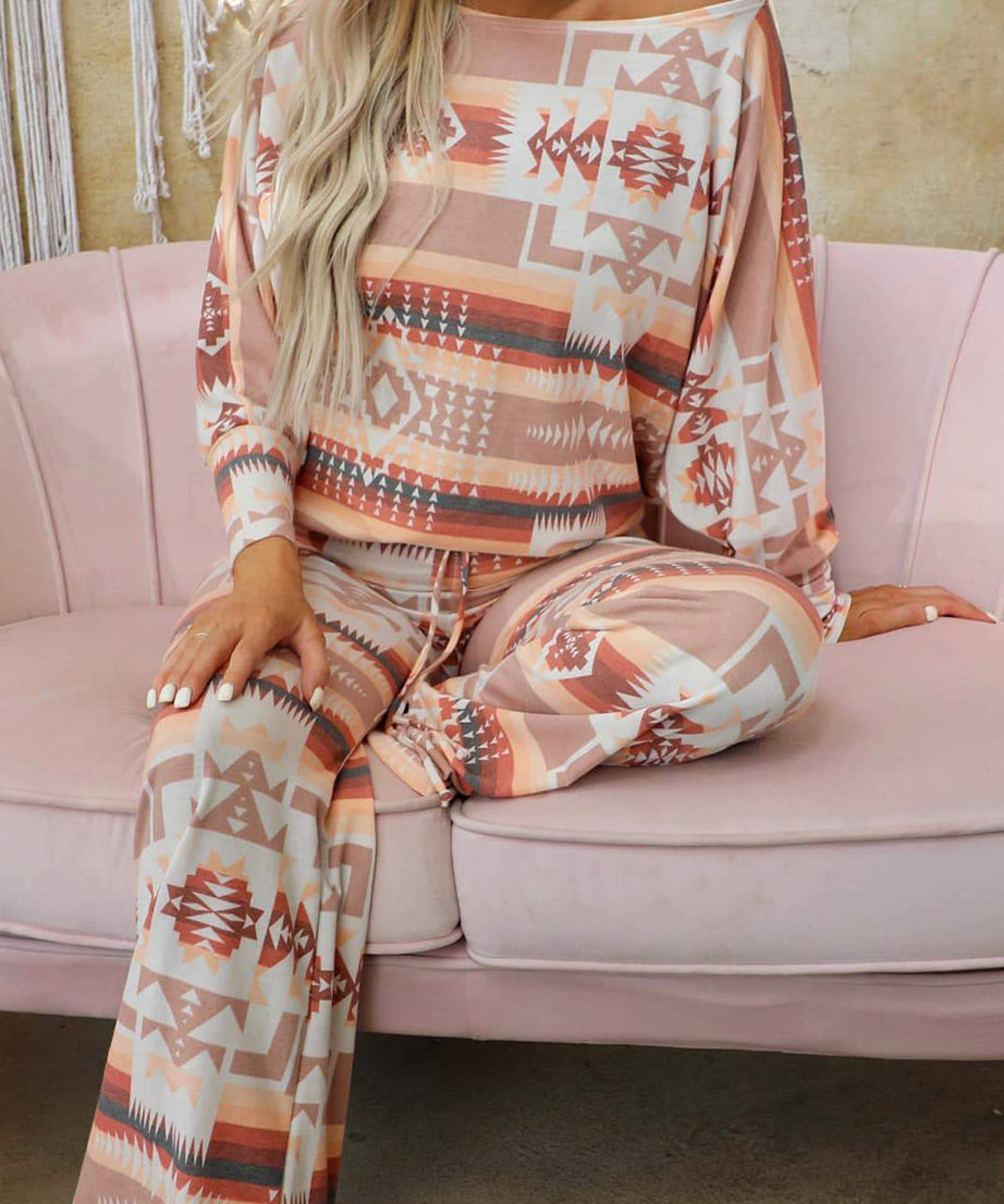 Multicolour Geometric Print Puff Sleeve Pullover and Pants Lounge Outfit