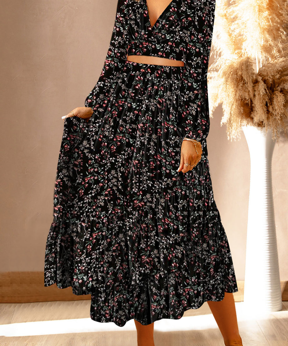 Black Floral Print V Neck Cropped Top Midi Skirts Set