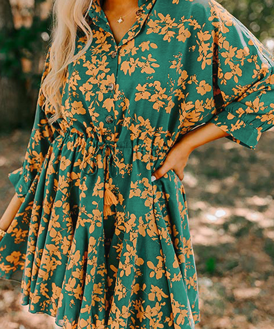 Green Floral Print Drawstring Flowy Short Dress