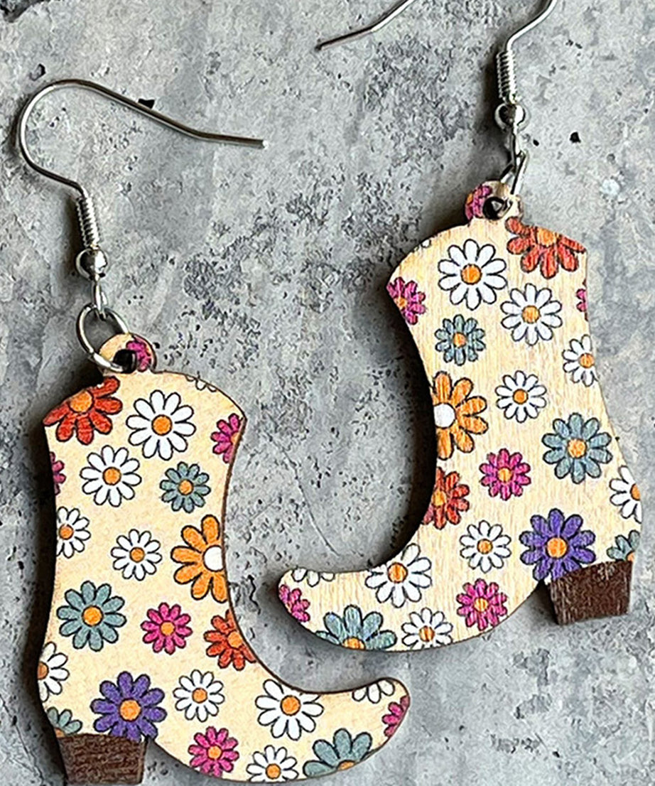 Multicolor 60s Floral Print Wooded Boots Earrings