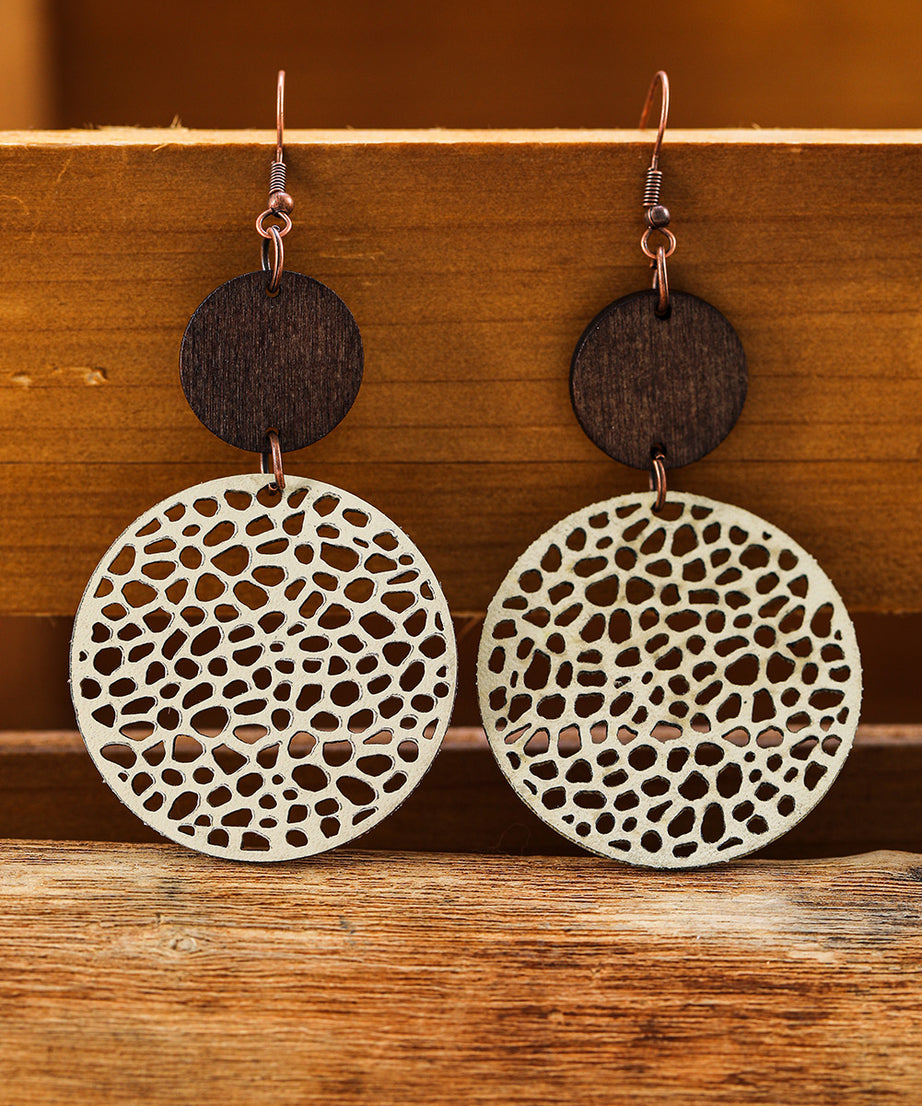 Beige Hollow Out Wooden Round Drop Earrings