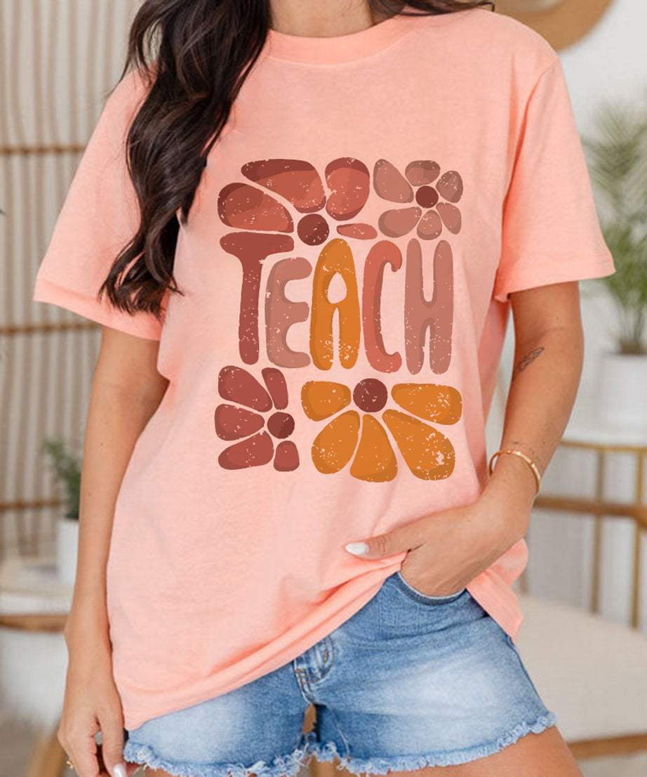 Pink TEACH Crew Neck Casual T Shirt