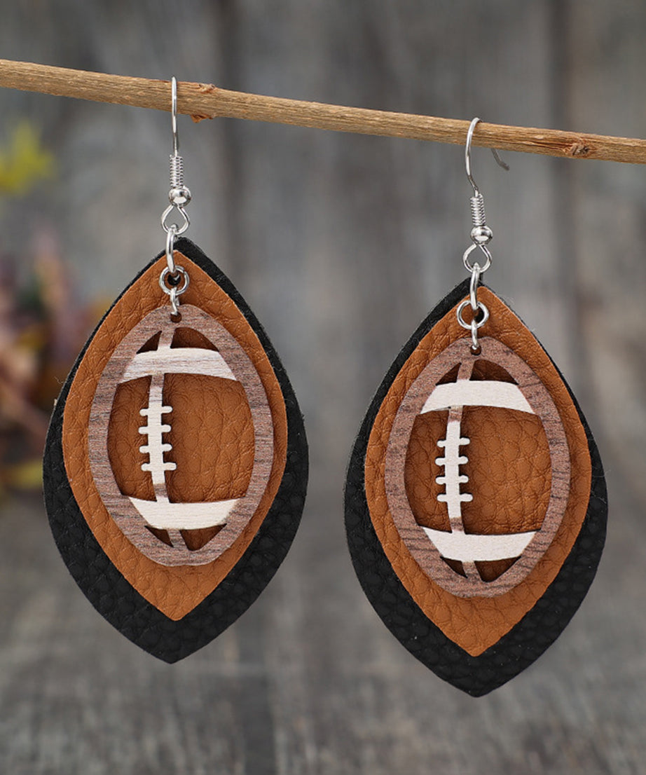 Chestnut Rugby Shape PU Leather Drop Earrings