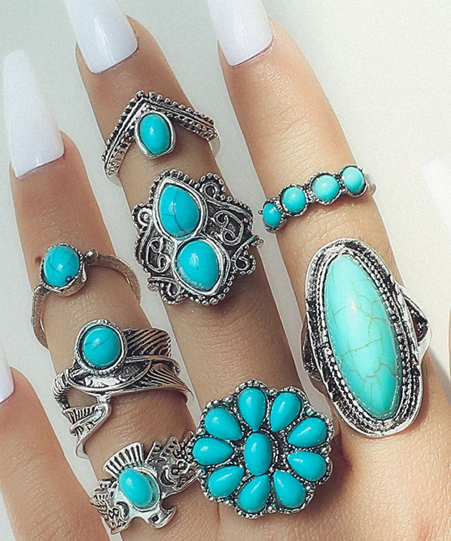 Green 8Pcs Vintage Turquoise Ring Set