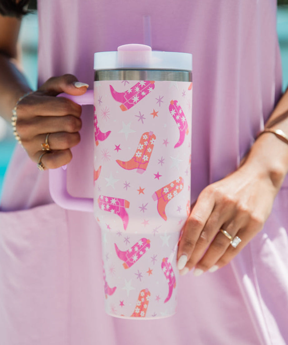 Sachet Pink Star Boot Print Tumbler with Straw 40oz