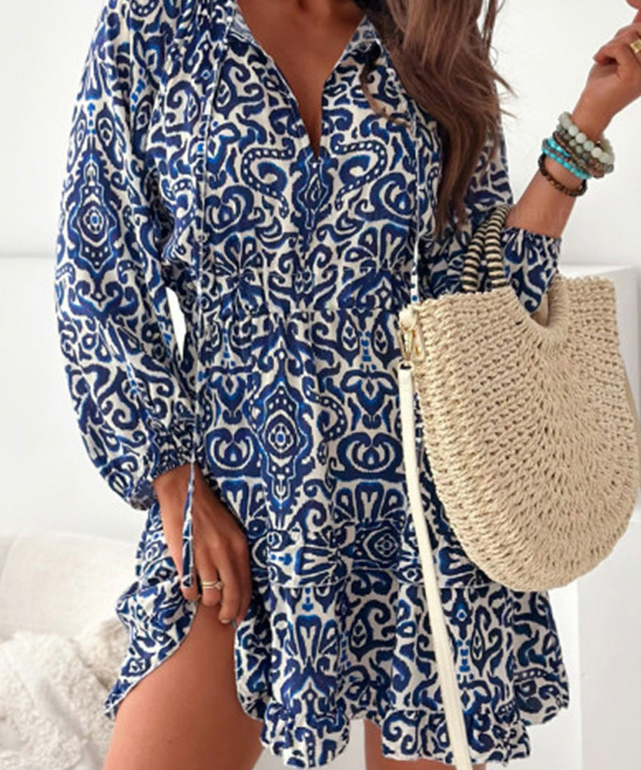 Blue Ethnic Print Lace-up V Neck Puff Sleeve Mini Dress