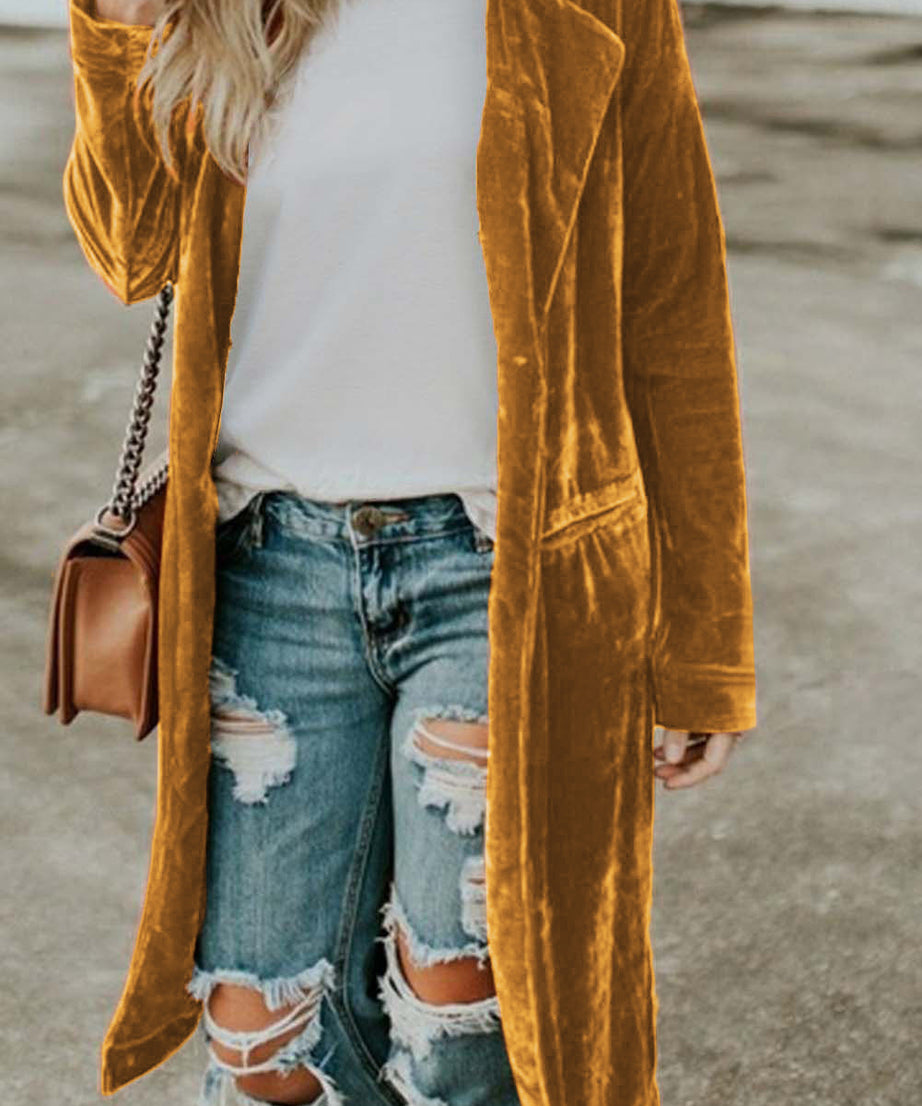 Yellow Casual Velvet Lapel Pocket Long Coat