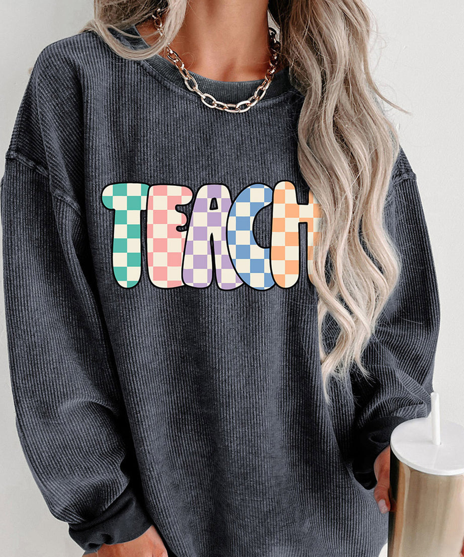 Gray Checkerboard TEACH Graphic Corded Crew Neck Sweatshirt