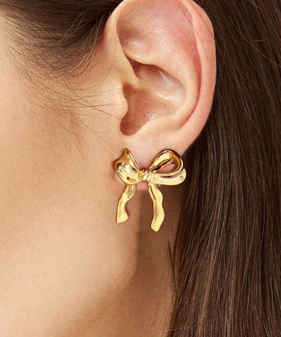 Gold Elegant Ribbon Bow Shape Stud Earrings