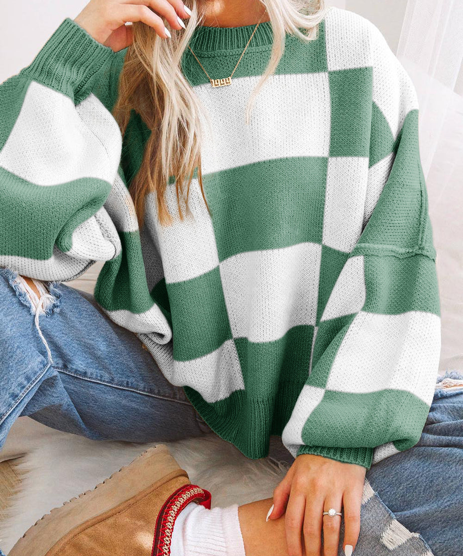 Green Checkered Bishop Sleeve Pullover Sweater