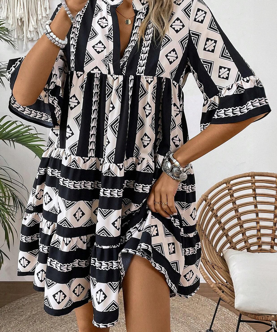 Black Abstract Print Bell Sleeve V Neck Boho Dress