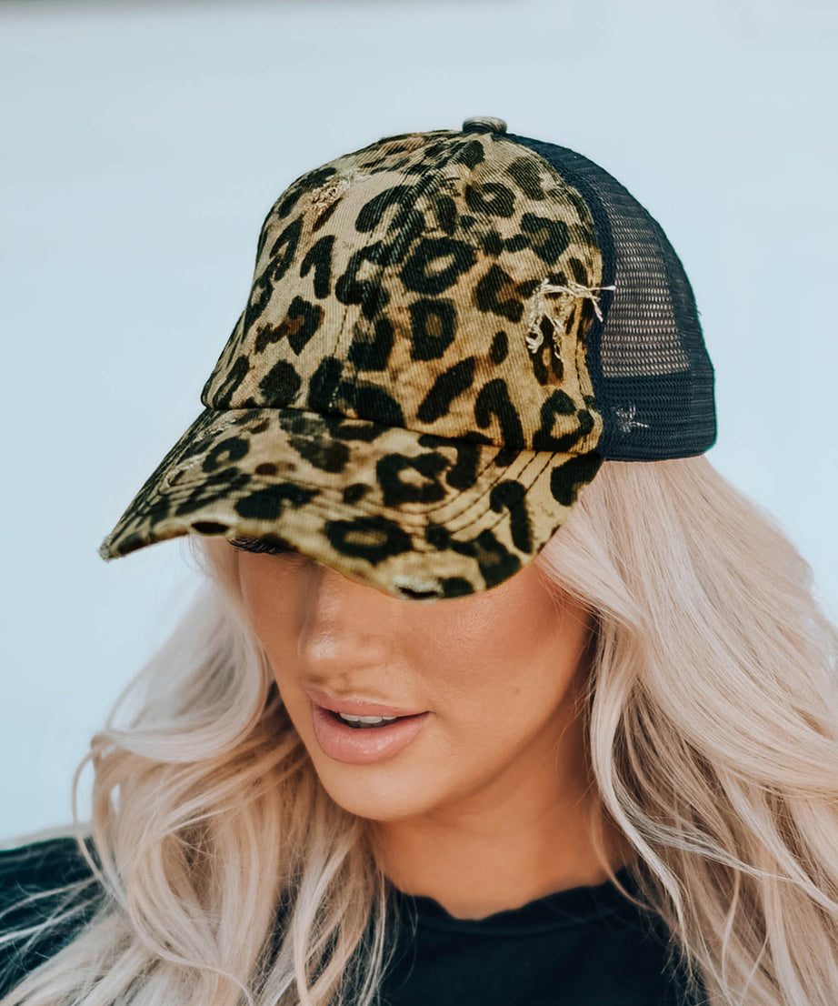 Black Leopard Printed Mesh Splicing Baseball Cap