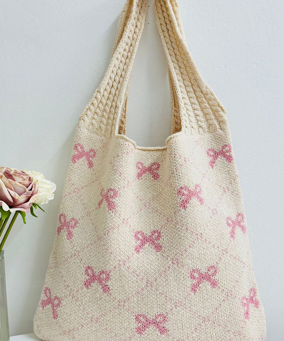 Beige Sweet Bowknot Print Textured Knitting Strap Shoulder Bag