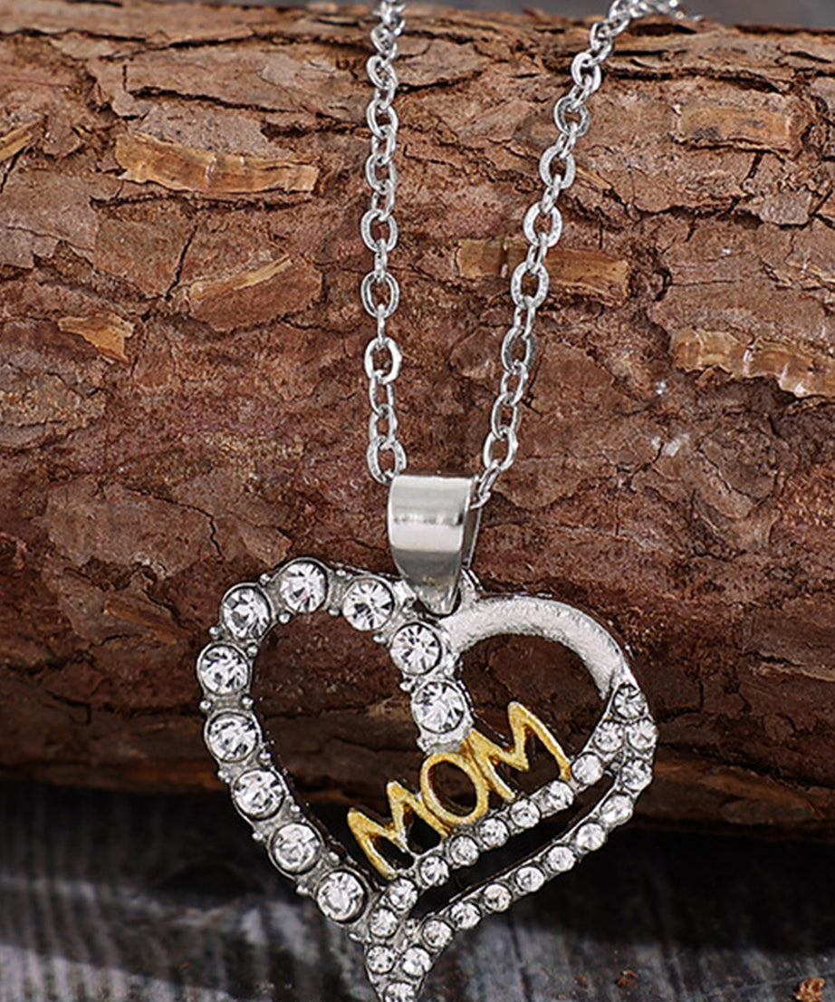 Silvery Rhinestone Love Letter MOM Alloy Necklace